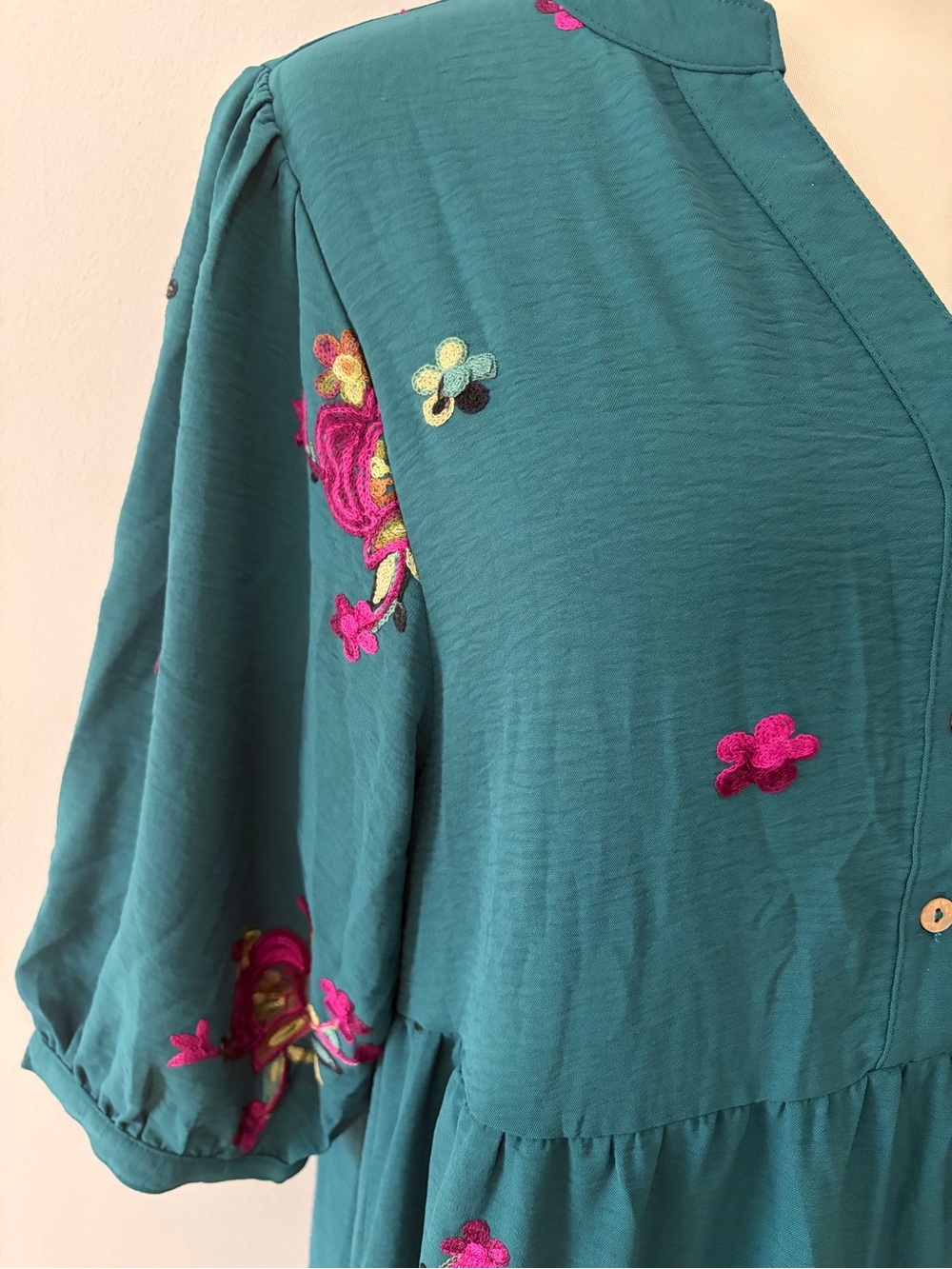 Fig & Flower Teal Floral Embroidered Tiered Midi Dress M- Boho Cottagecore - Picture 5 of 10